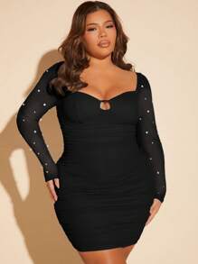 SHEIN SXY Plus Pearls Beaded Cut Out Ruched Mesh Bodycon Dress,Graduation Dress - Black - View 4