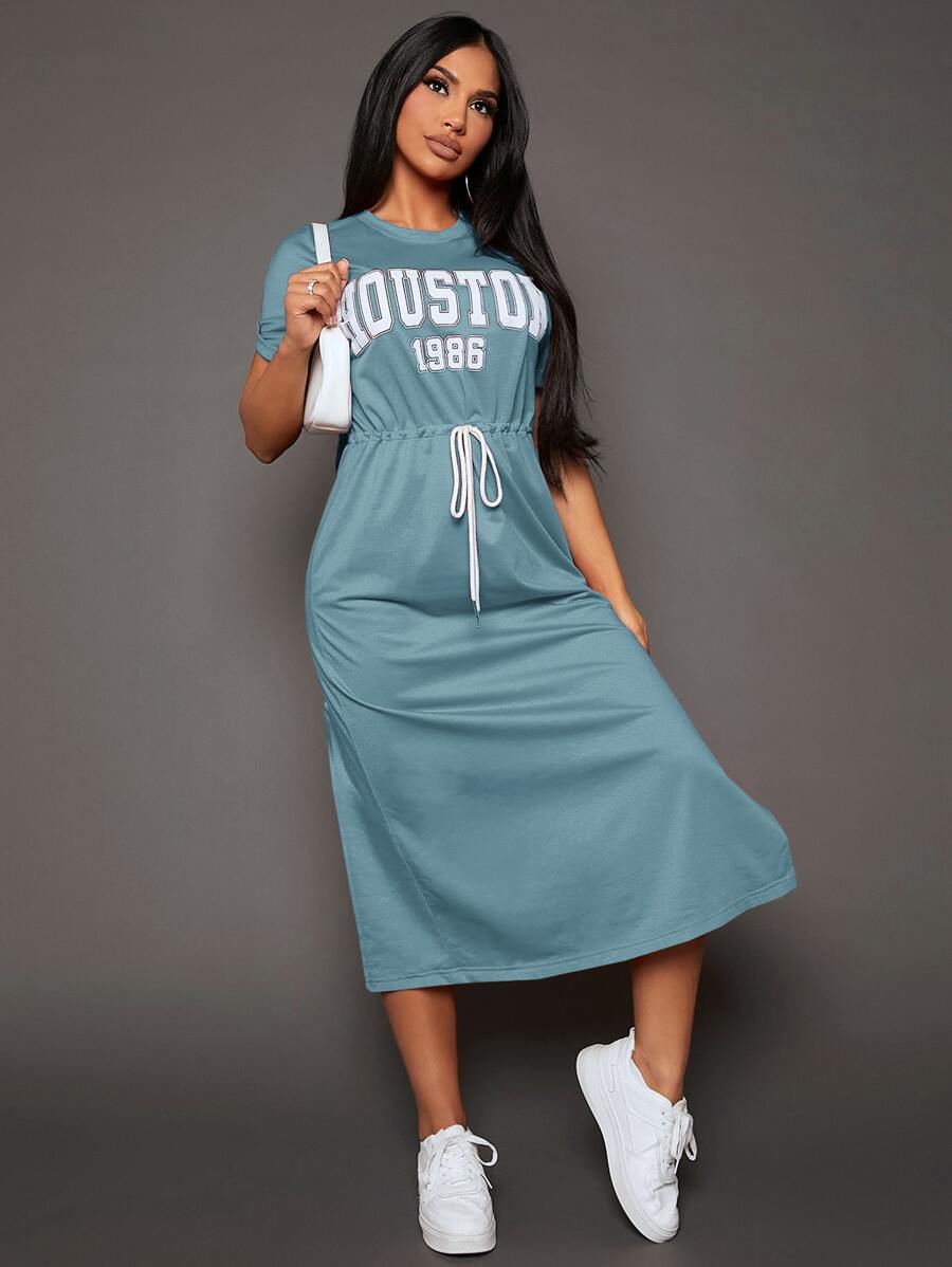 SHEIN SXY 字母圖案腰部抽繩連衣裙 - 霧霾藍 - 查看 1