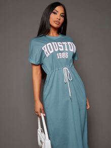 SHEIN SXY 字母圖案腰部抽繩連衣裙 - 霧霾藍 - 查看 4