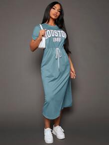 SHEIN SXY 字母圖案腰部抽繩連衣裙 - 霧霾藍 - 查看 5