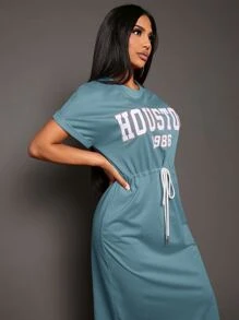 SHEIN SXY 字母圖案腰部抽繩連衣裙 - 霧霾藍 - 查看 6