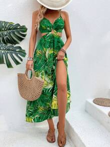 Breezaya Tropical Print Cut Out Split Thigh Cami Dress - Multicolor - View 5