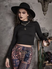 ROMWE Grunge Punk Solid Mock Neck Tee - Black - View 1