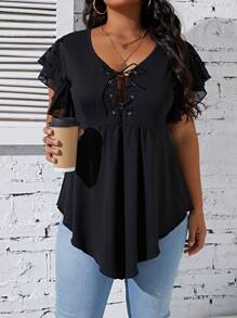 EMERY ROSE Plus Lace Up Front Butterfly Sleeve Curved Hem Peplum Top - Black - View 1