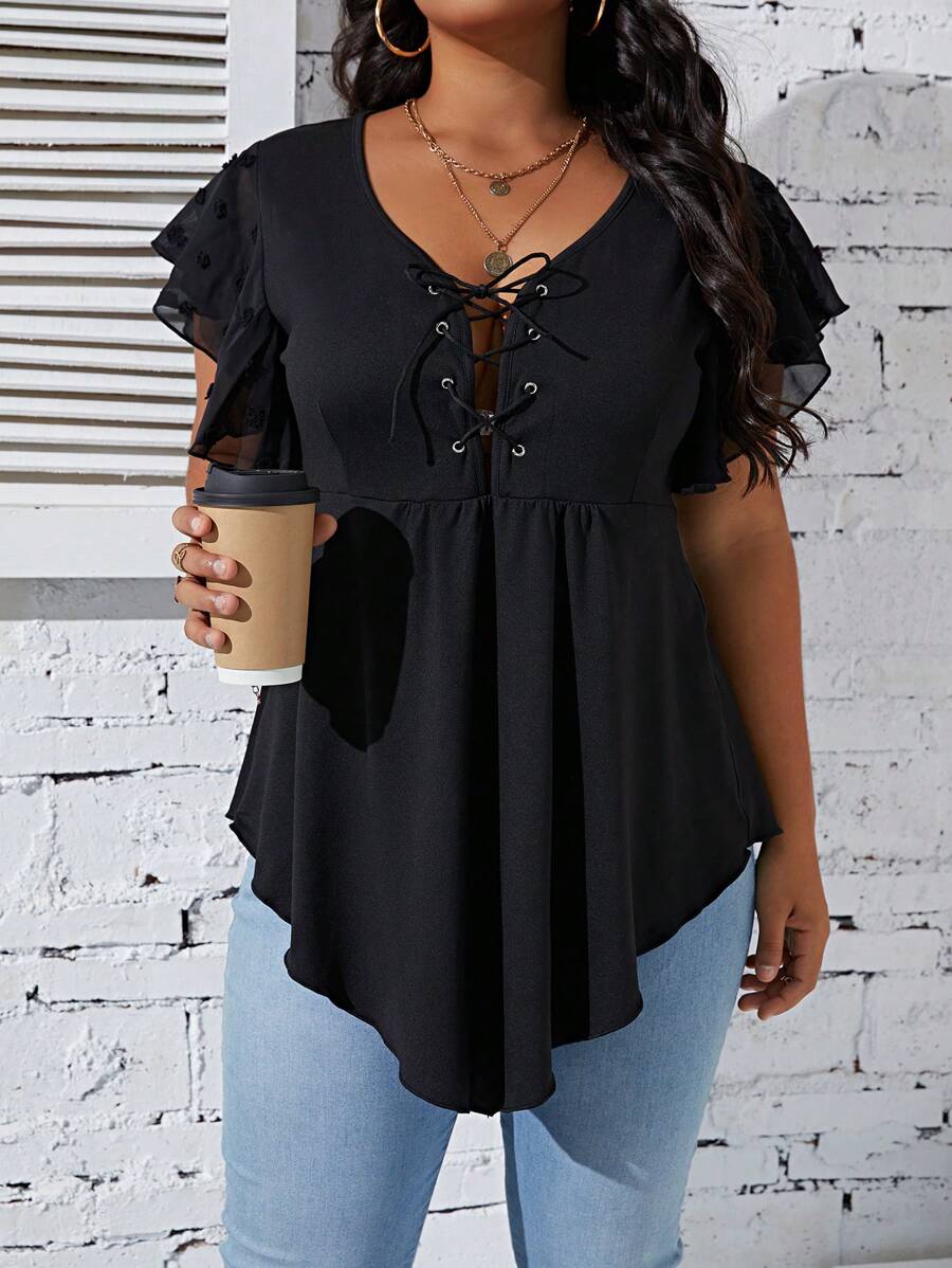 EMERY ROSE Plus Lace Up Front Butterfly Sleeve Curved Hem Peplum Top - Black - View 1