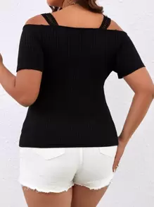EMERY ROSE Plus Cold Shoulder Ribbed Knit Tee - Black - View 2