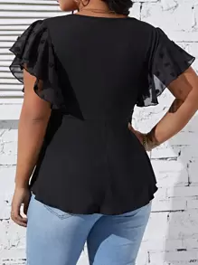 EMERY ROSE Plus Lace Up Front Butterfly Sleeve Curved Hem Peplum Top - Black - View 2