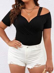 EMERY ROSE Plus Cold Shoulder Ribbed Knit Tee - Black - View 4