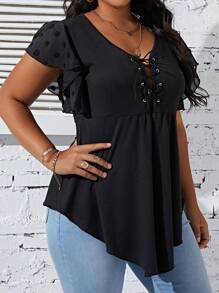 EMERY ROSE Plus Lace Up Front Butterfly Sleeve Curved Hem Peplum Top - Black - View 3