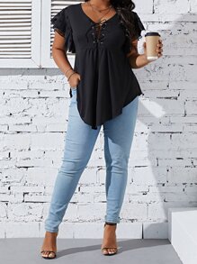 EMERY ROSE Plus Lace Up Front Butterfly Sleeve Curved Hem Peplum Top - Black - View 4