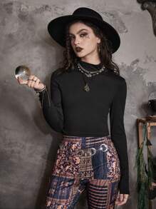 ROMWE Grunge Punk Solid Mock Neck Tee - Black - View 5