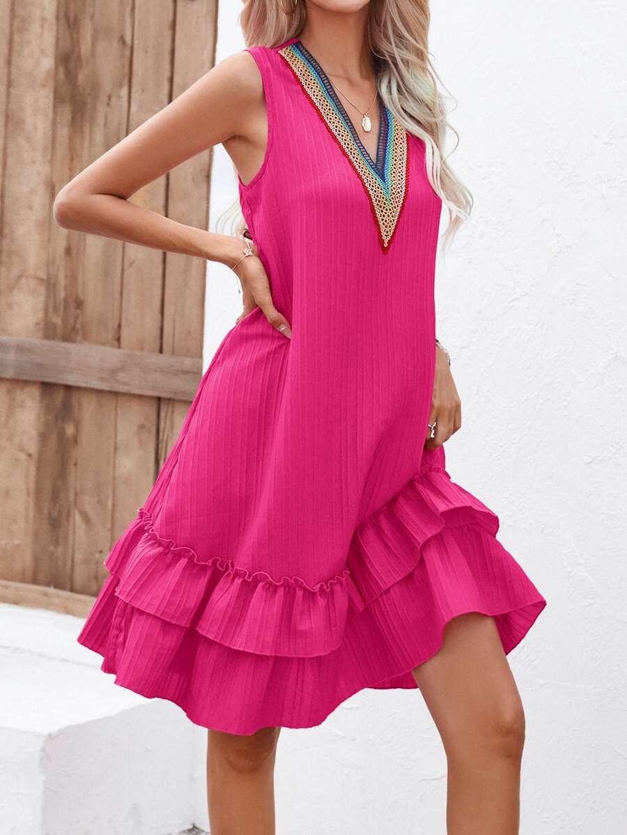 Breezaya Contrast Tape Ruffle Hem Dress - Hot Pink - View 1