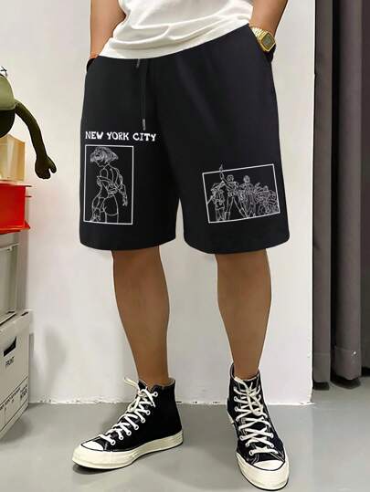 Herren Lose Shorts Mit Buchstaben Und Zahlen Grafik Und Kordelzug Taille