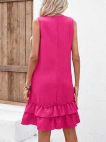 Breezaya Contrast Tape Ruffle Hem Dress - Hot Pink - View 2