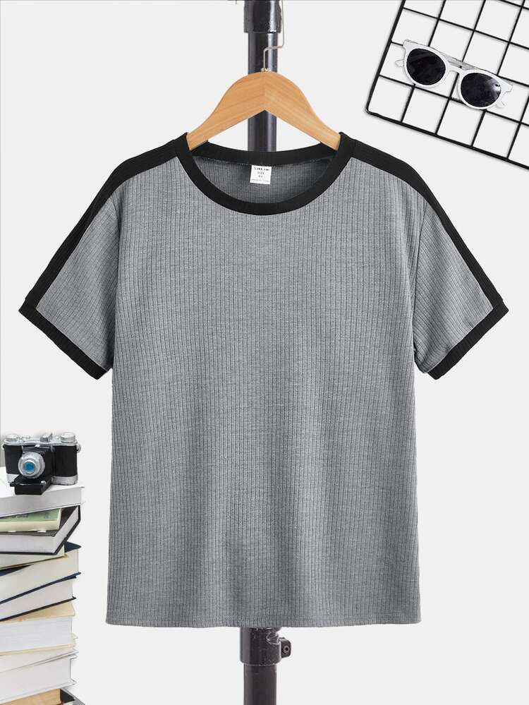 SHEIN Boys Contrast Trim Tee - Grey - View 1
