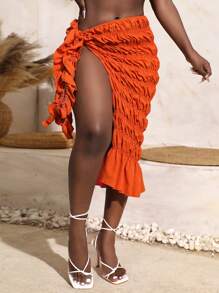 SHEIN Swim Shirred Knot Side Asymmetrical Hem Cover Up Skirt,Summer Beach - Orange - View 1