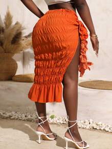 SHEIN Swim Shirred Knot Side Asymmetrical Hem Cover Up Skirt,Summer Beach - Orange - View 2