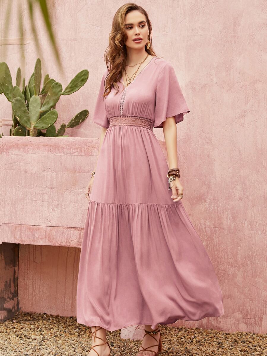 Rusttydustty Đầm suông dáng chữ A thanh lịch, đơn giản, màu trơn phong cách Bohemian dành cho nữ - Bụi hồng - Xem 1