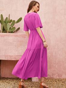 Rusttydustty 素色蕾絲拼接荷葉邊A字連衣裙 - 玫紅色 - 查看 2