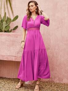 Rusttydustty 素色蕾絲拼接荷葉邊A字連衣裙 - 玫紅色 - 查看 3