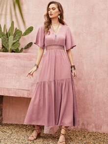 Rusttydustty Đầm suông dáng chữ A thanh lịch, đơn giản, màu trơn phong cách Bohemian dành cho nữ - Bụi hồng - Xem 3