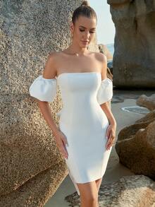 ADYCE Big Bow Back Tube Bandage Cocktail Party Dress With Puff Sleeve, White Elegant Bridal Dress, Bridal Shower Dress, Wedding Dress, Little White Dress, Bride - White - View 3
