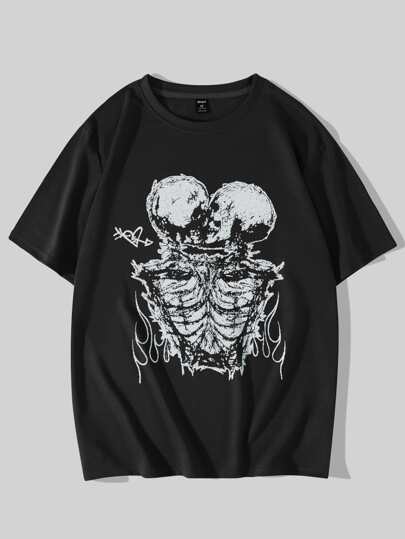 Goth Men Skeleton Print Y2k T-Shirt For Halloween, School