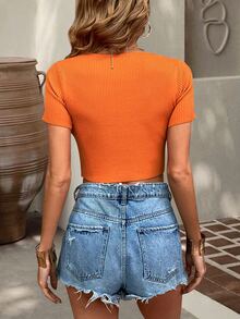 Solid Crop Knit Top - Orange - View 2