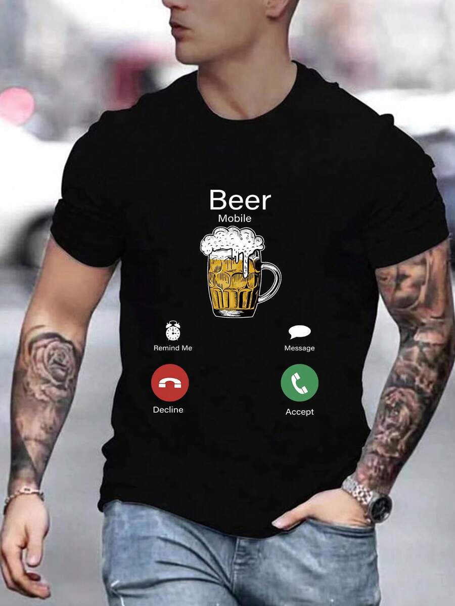 Manfinity Homme 男士啤酒和字母圖案T恤
