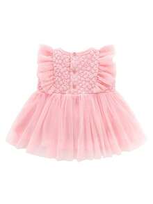 嬰兒花卉刺繡荷葉邊網紗覆蓋連衣裙 - 淺粉色 - 查看 2