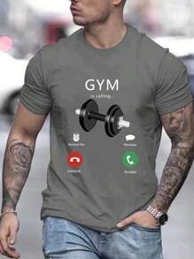 Manfinity Homme 男士杠鈴和標語圖案T恤 - 深灰色 - 查看 1