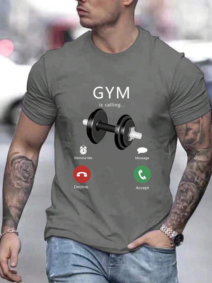 Manfinity Homme 男士杠鈴和標語圖案T恤 - 深灰色 - 查看 1