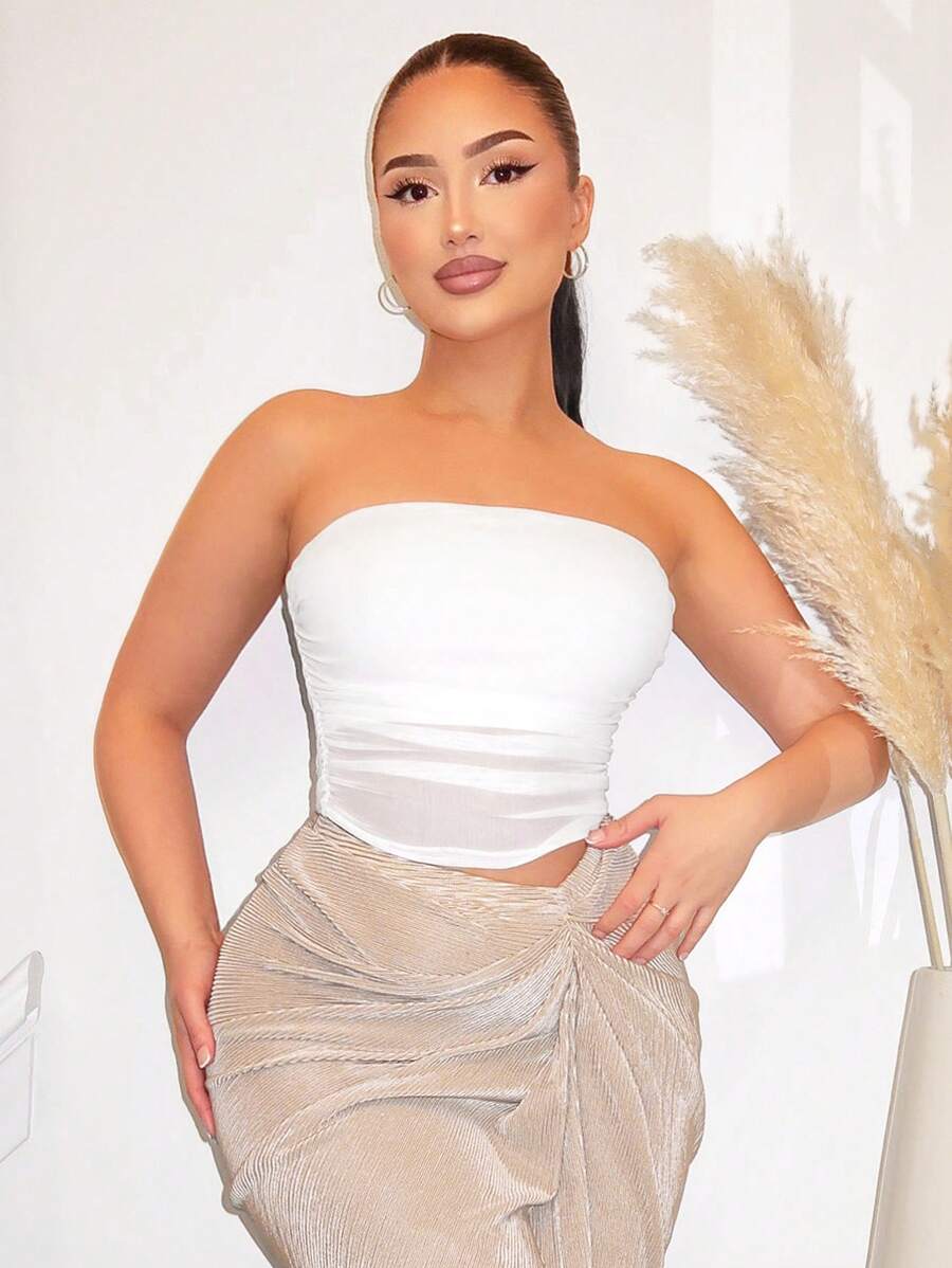 SHEIN SXY Solid Ruched Tube Top - White - View 1