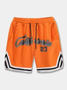 ROMWE MEN Prep Nam Lá thư Sọc trang trí Quần short - trái cam - Xem 1