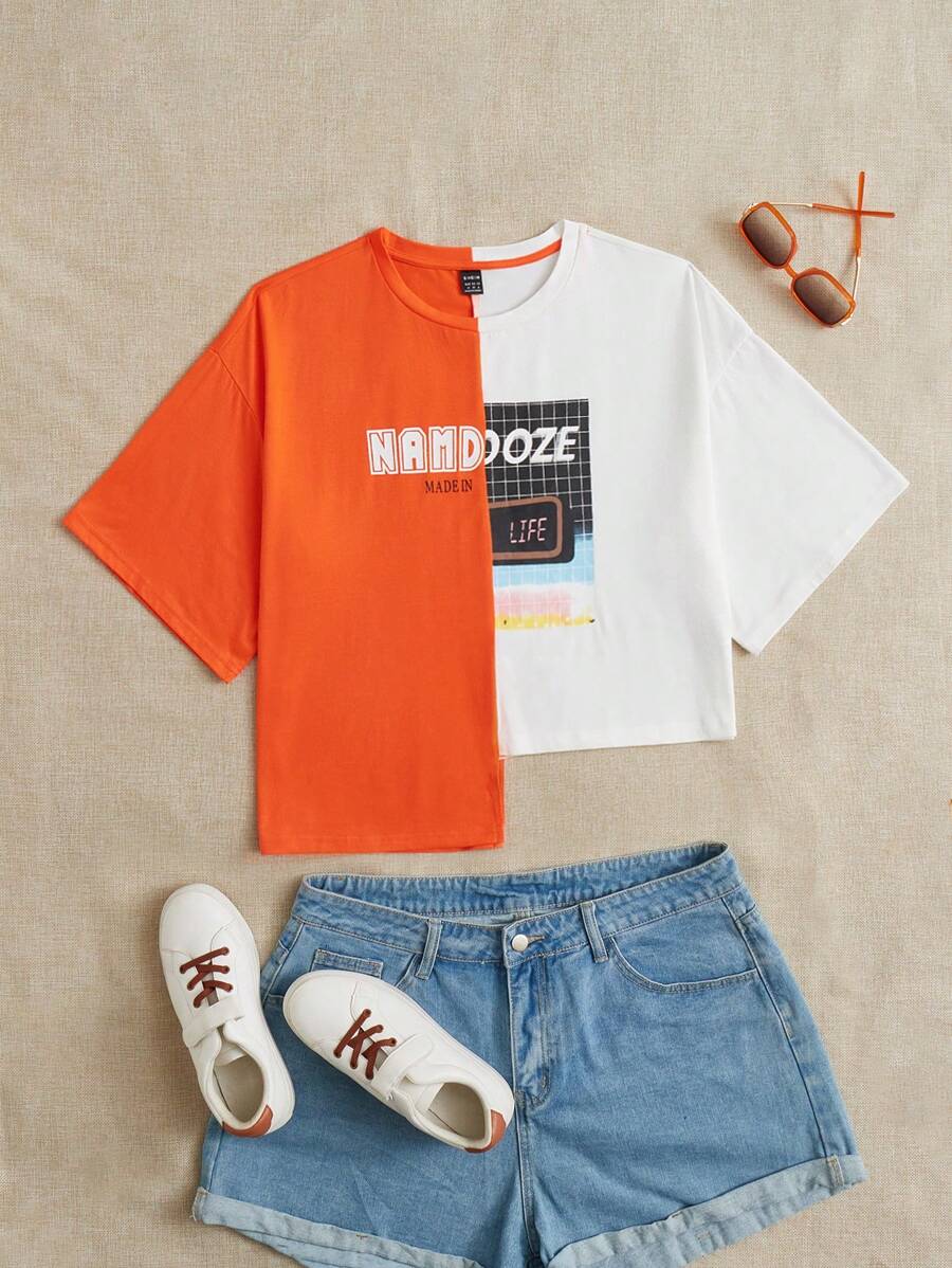 Muchica 混合印花雙色不對稱熒光tee