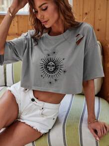 Chiquease Drop Shoulder Ripped Graphic Print Tee - Grey - View 5