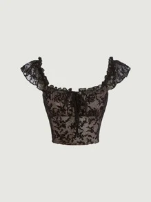 SHEIN MOD Floral Print Frill Trim Crop Tee