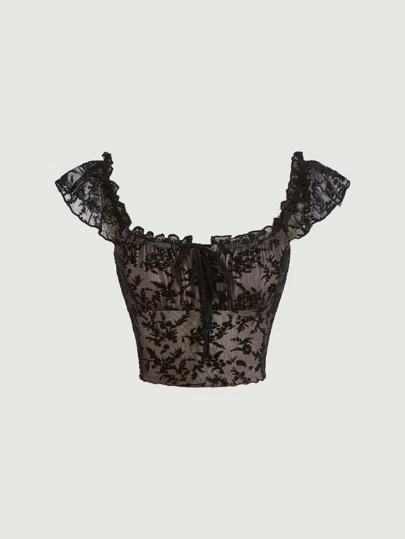 SHEIN MOD Floral Print Frill Trim Crop Tee