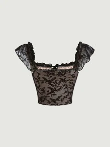 SHEIN MOD Floral Print Frill Trim Crop Tee