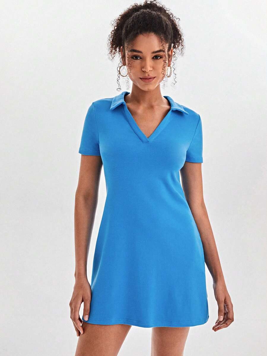 SHEIN BASICS Solid V-Collar Tee Dress - Blue - View 1