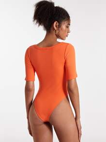 SHEIN BASICS Solid Scoop Neck Bodysuit - Orange - View 2
