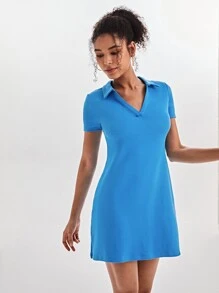 SHEIN BASICS Solid V-Collar Tee Dress - Blue - View 4