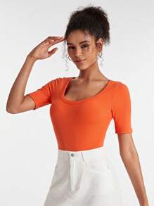SHEIN BASICS Solid Scoop Neck Bodysuit - Orange - View 4