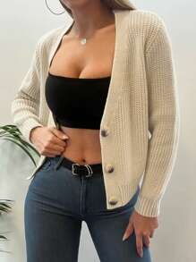 EURMUSE Cárdigan de hombros caídos con botón delantero - Blanco - Ver 4