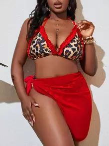 SHEIN Unity Bộ bikini 3 mảnh họa tiết da báo buộc dây cỡ lớn 2025 dành cho nữ kèm váy che chắn khi đi nghỉ hè - Nhiều màu - Xem 1