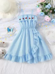 小女童花卉刺繡荷葉邊圍裹下擺吊帶洋裝 - 淺藍色 - 查看 1