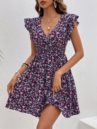 SHEIN Frenchy Ditsy Floral Print Ruffle Trim Dress Summer Vacation Flower Beach Holiday Resort