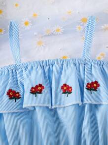 小女童花卉刺繡荷葉邊圍裹下擺吊帶洋裝 - 淺藍色 - 查看 3