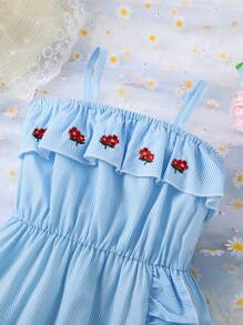 小女童花卉刺繡荷葉邊圍裹下擺吊帶洋裝 - 淺藍色 - 查看 4