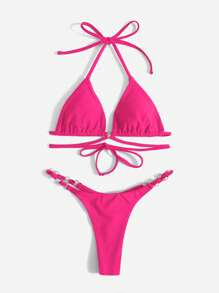 SHEIN Swim Summer Beach Solid Halter Triangle Bikini Set - Hot Pink - View 1